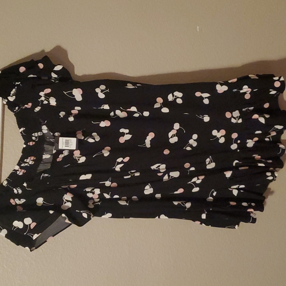 Black off the shoulder dress with pink and white cherries. SIZE 20.